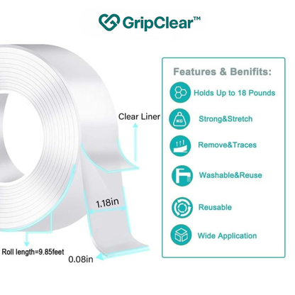 GripClear™ Heavy-Duty Double-Sided Mounting Tape – Nail-Free, Reusable, Damage-Free Adhesive